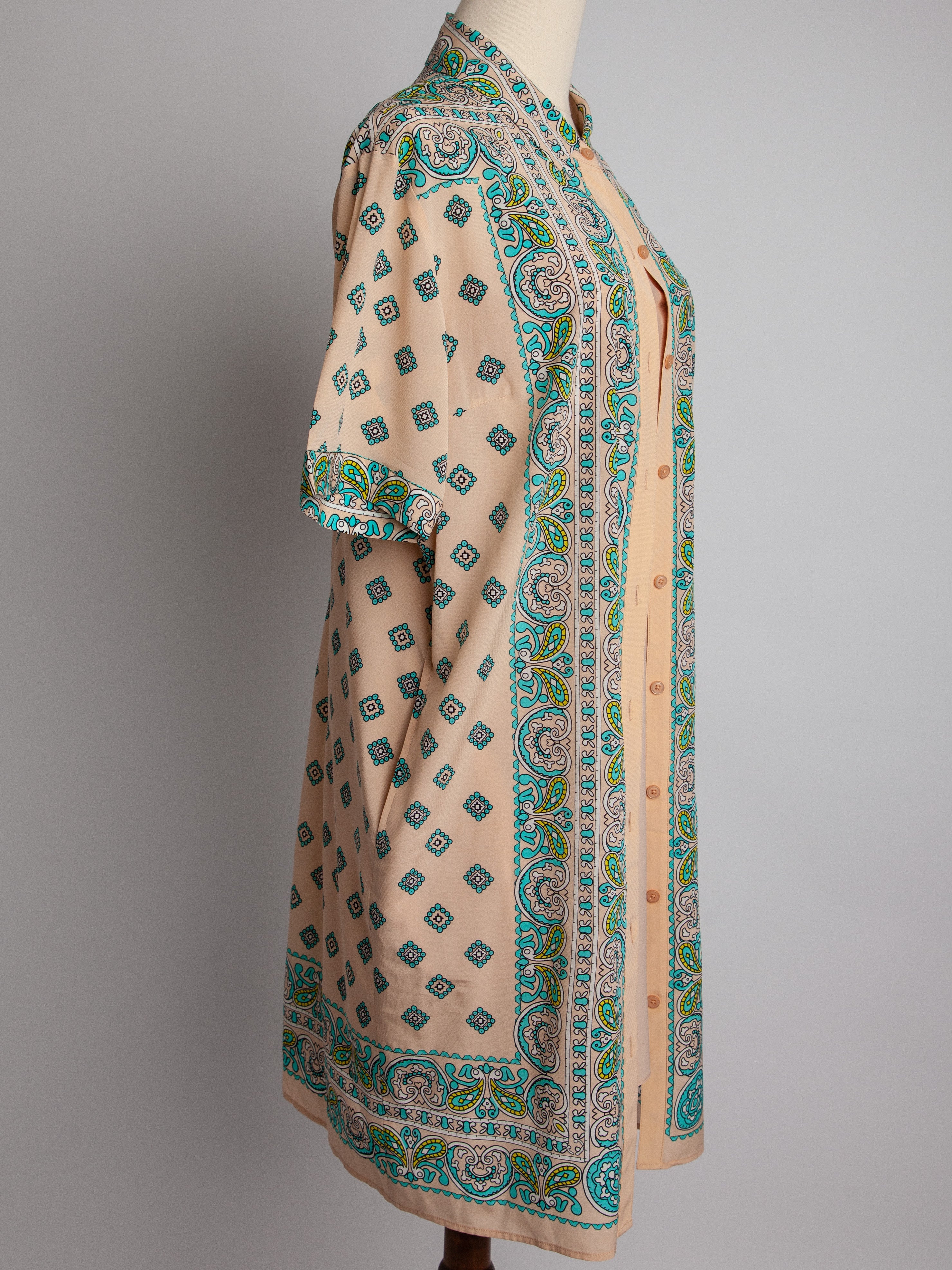 DKNY White Silk Long Shirt Dress Size M Paisley Pattern