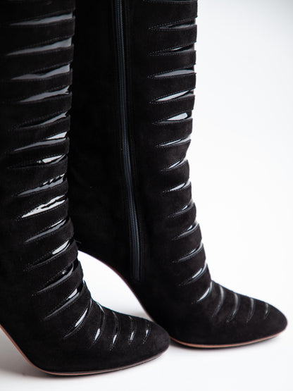 Good Alaia Black Genuine Suede Knee-High Boots with Glossy Bands