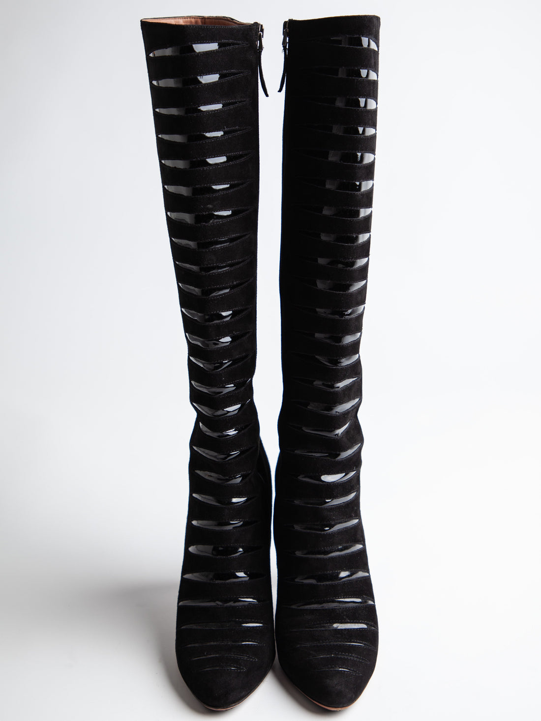 Good Alaia Black Genuine Suede Knee-High Boots with Glossy Bands