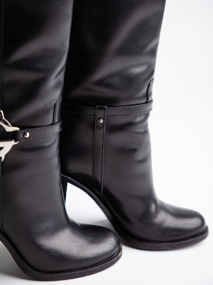 Good Gucci Black Leather Knee-High Boots Size 38.5 with High Heels