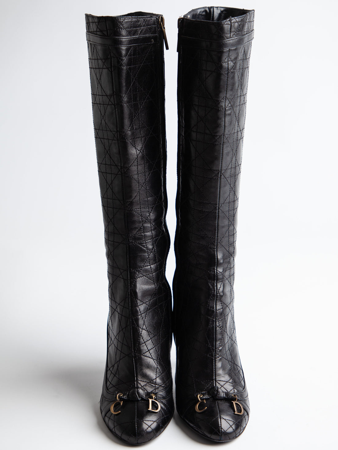 Good Condition Dior Black Leather Knee-High Boots with High Heels