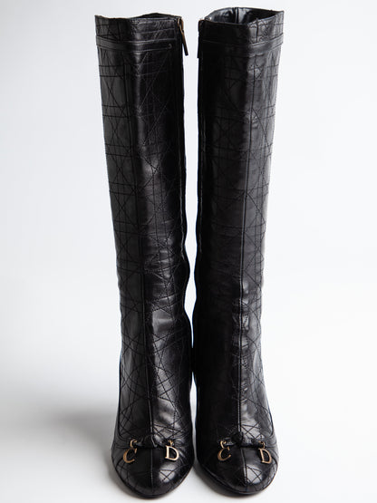 Good Condition Dior Black Leather Knee-High Boots with High Heels