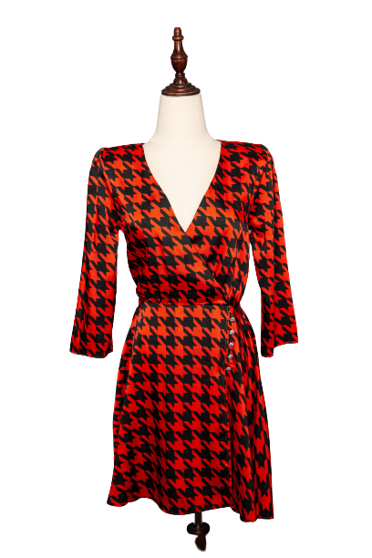 Good River Island Houndstooth Wrap Dress Red Polyester Women