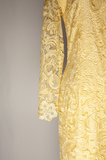 Good SLIR Yellow Lace Dress Women Size S Long Sleeve Knee-Length