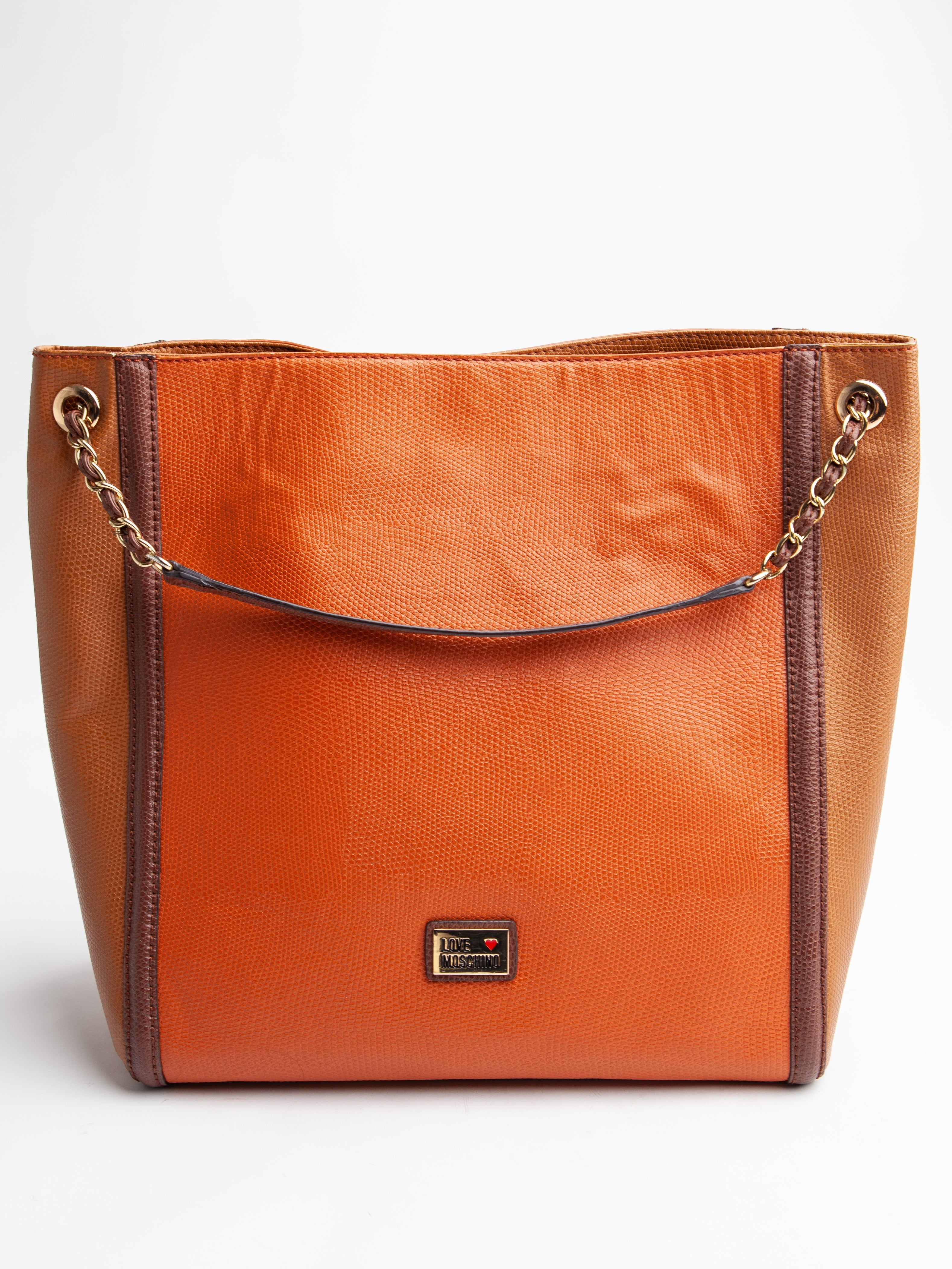 Moschino Orange Leather Handbag with Gold Chain Straps