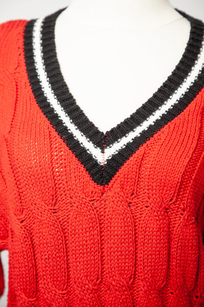 Good IPEKYOL Red Cable Knit V-Neck Sweater Size S Women