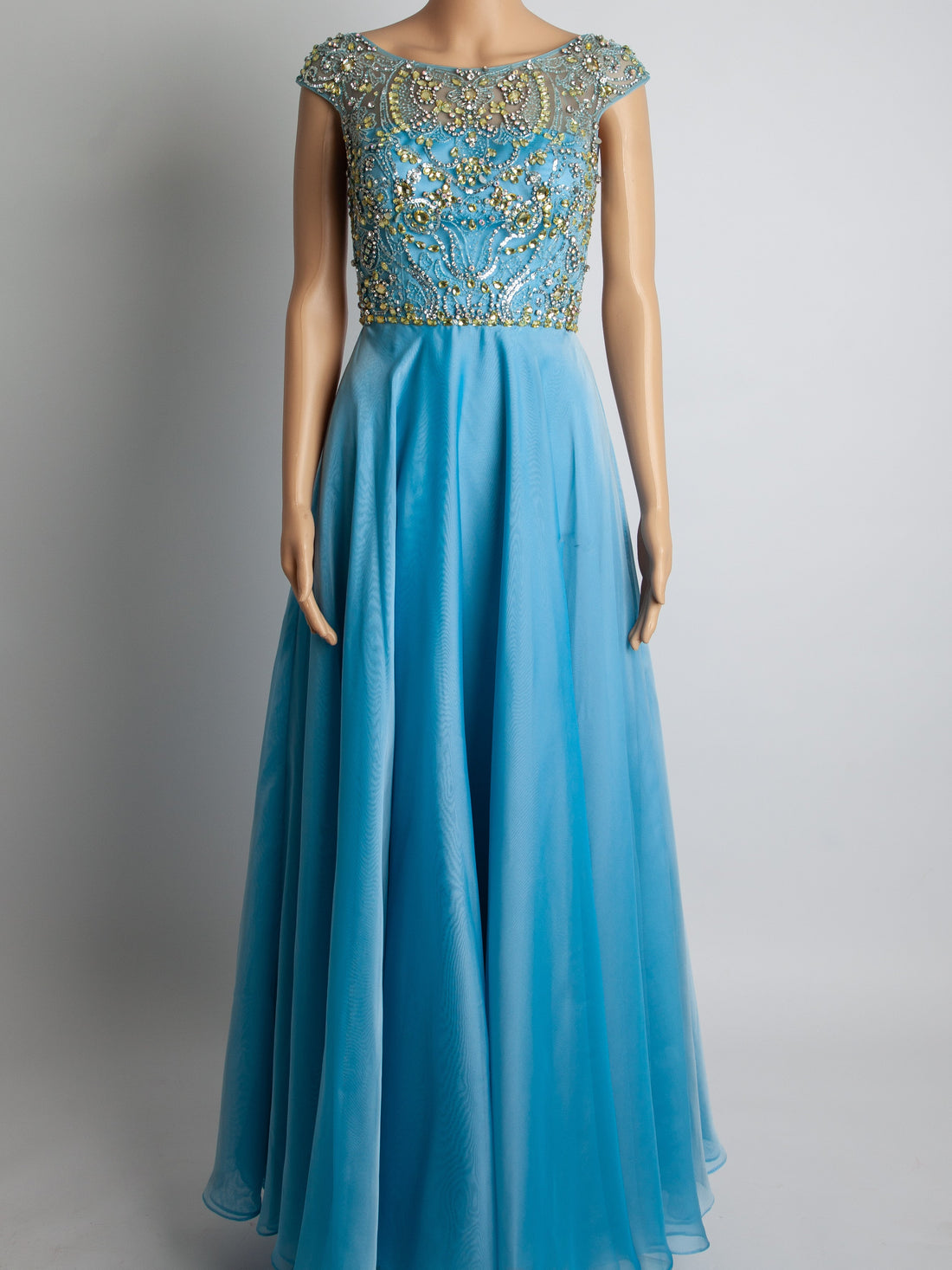 Good Sherri Hill Blue Gown XS Polyester with Beadwork &amp; Cap Sleeves