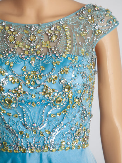 Good Sherri Hill Blue Gown XS Polyester with Beadwork &amp; Cap Sleeves