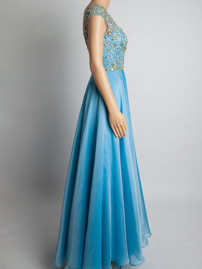 Good Sherri Hill Blue Gown XS Polyester with Beadwork &amp; Cap Sleeves
