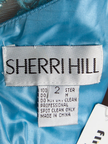Good Sherri Hill Blue Gown XS Polyester with Beadwork &amp; Cap Sleeves