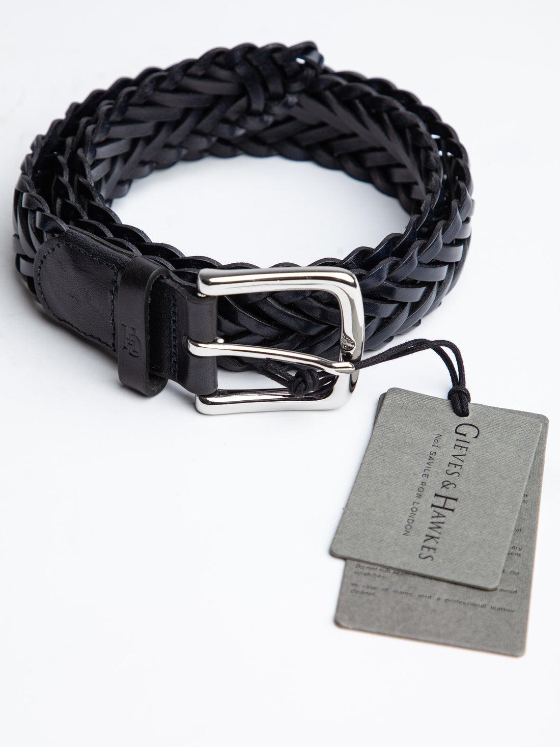 NEW Gieves and Hawkes Black Braided Leather Belt with Silver Buckle