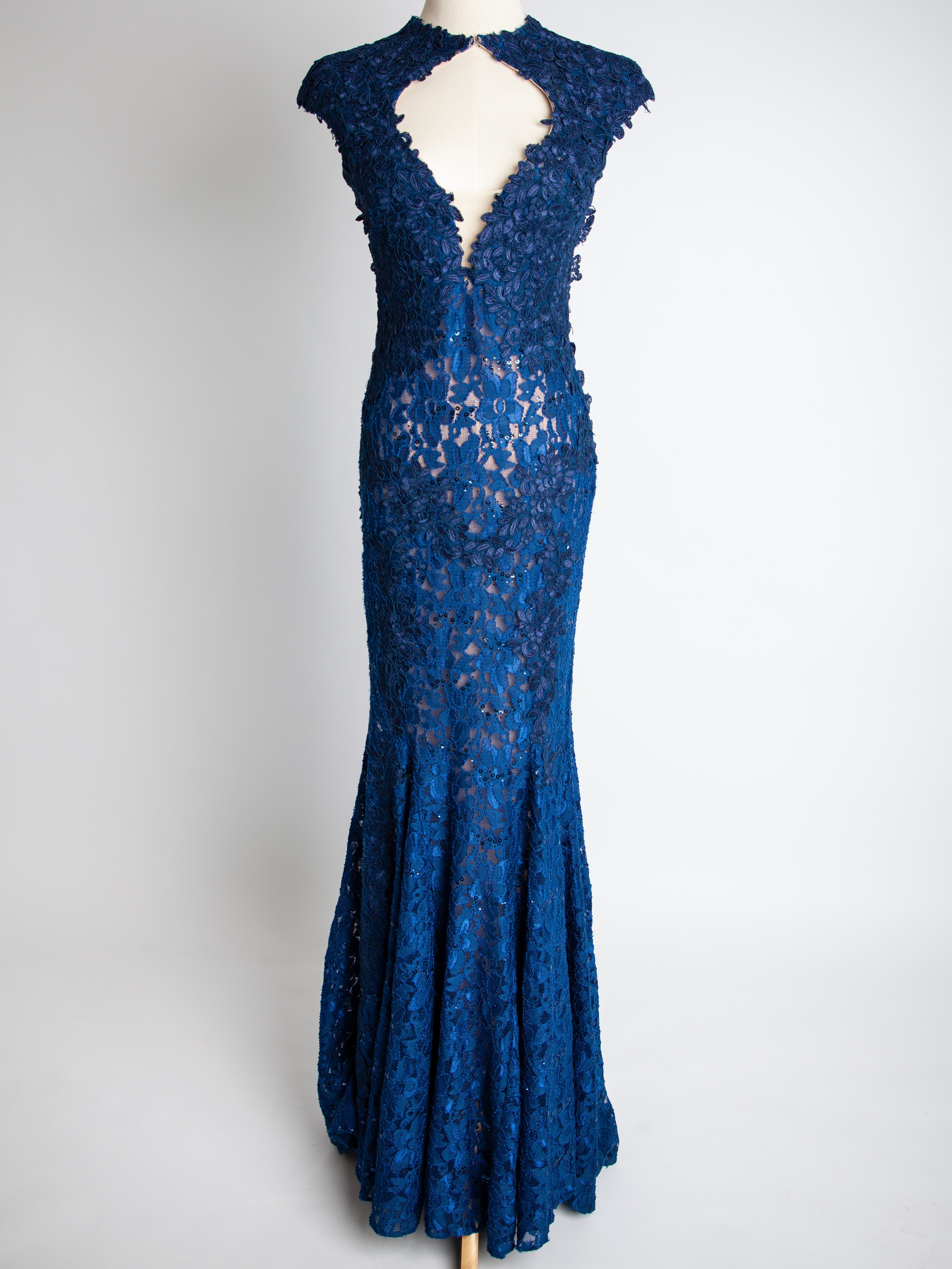 Good Jovani Blue Lace Dress with Deep V-Neckline for Women
