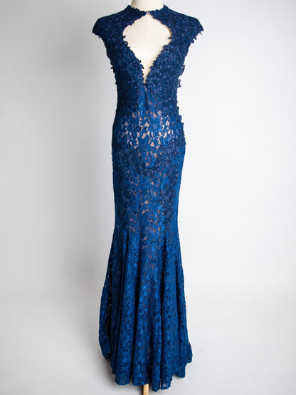 Good Jovani Blue Lace Dress with Deep V-Neckline for Women