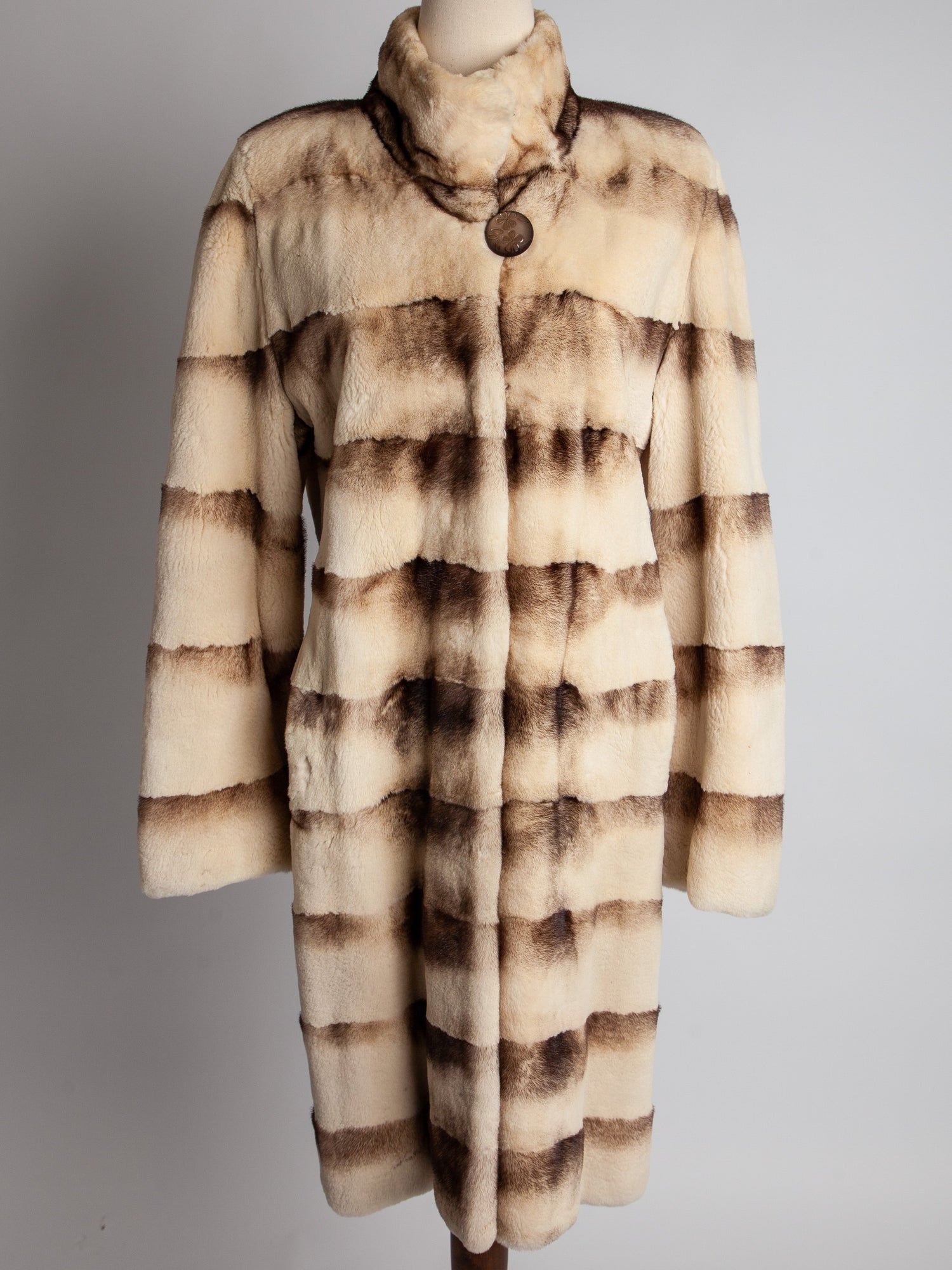 Excellent Scandinavia White Fur Coat with Horizontal Brown Stripes