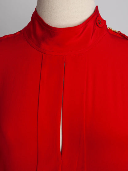 Good JAEGER Red Silk Blouse Size S with High Collar and Loose Fit