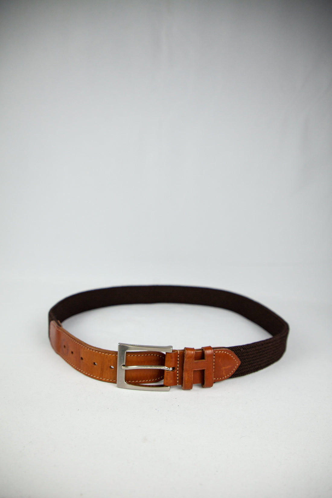 Good Hackett Brown Leather &amp; Fabric Belt with Silver Buckle