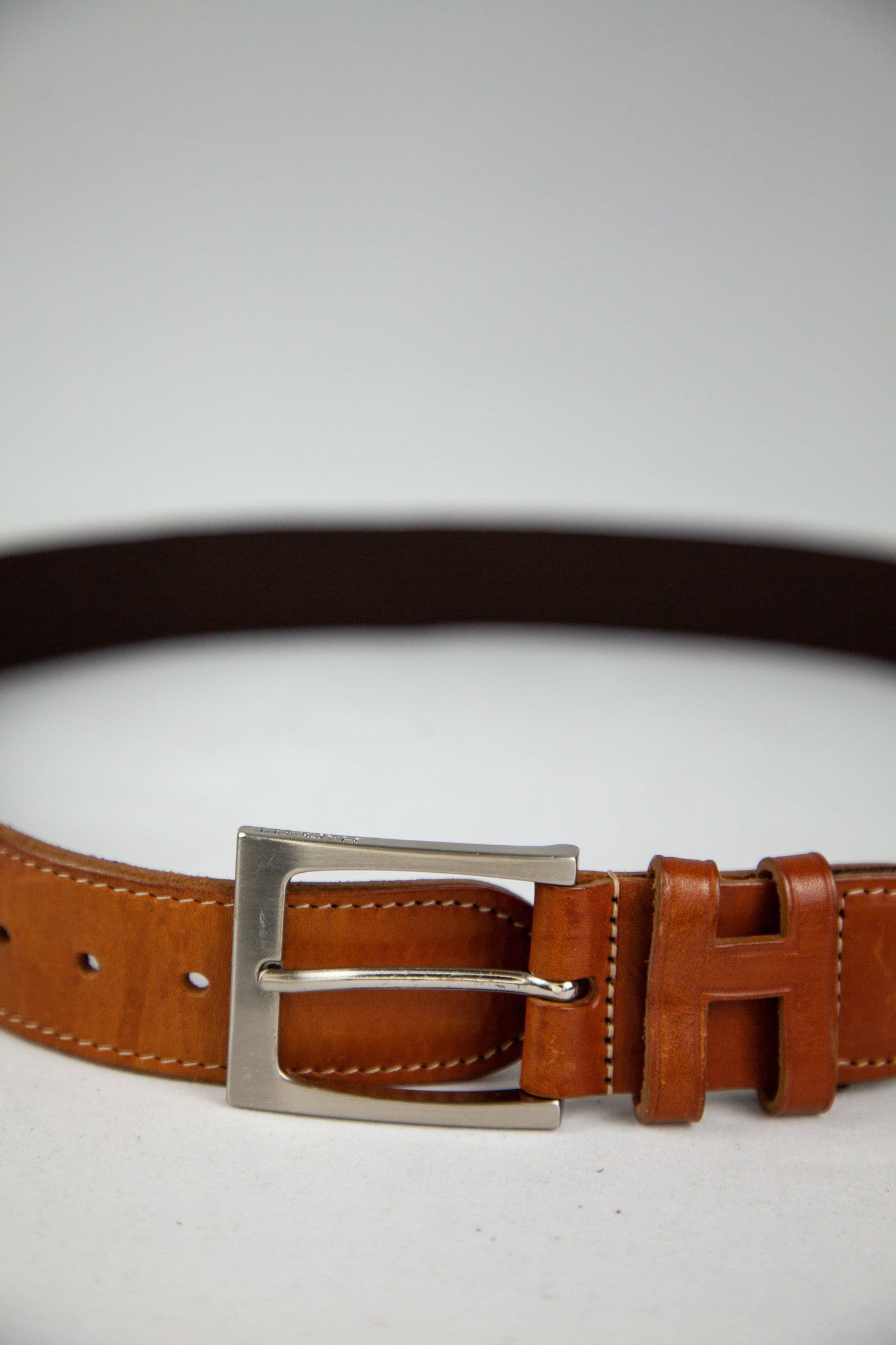 Good Hackett Brown Leather &amp; Fabric Belt with Silver Buckle
