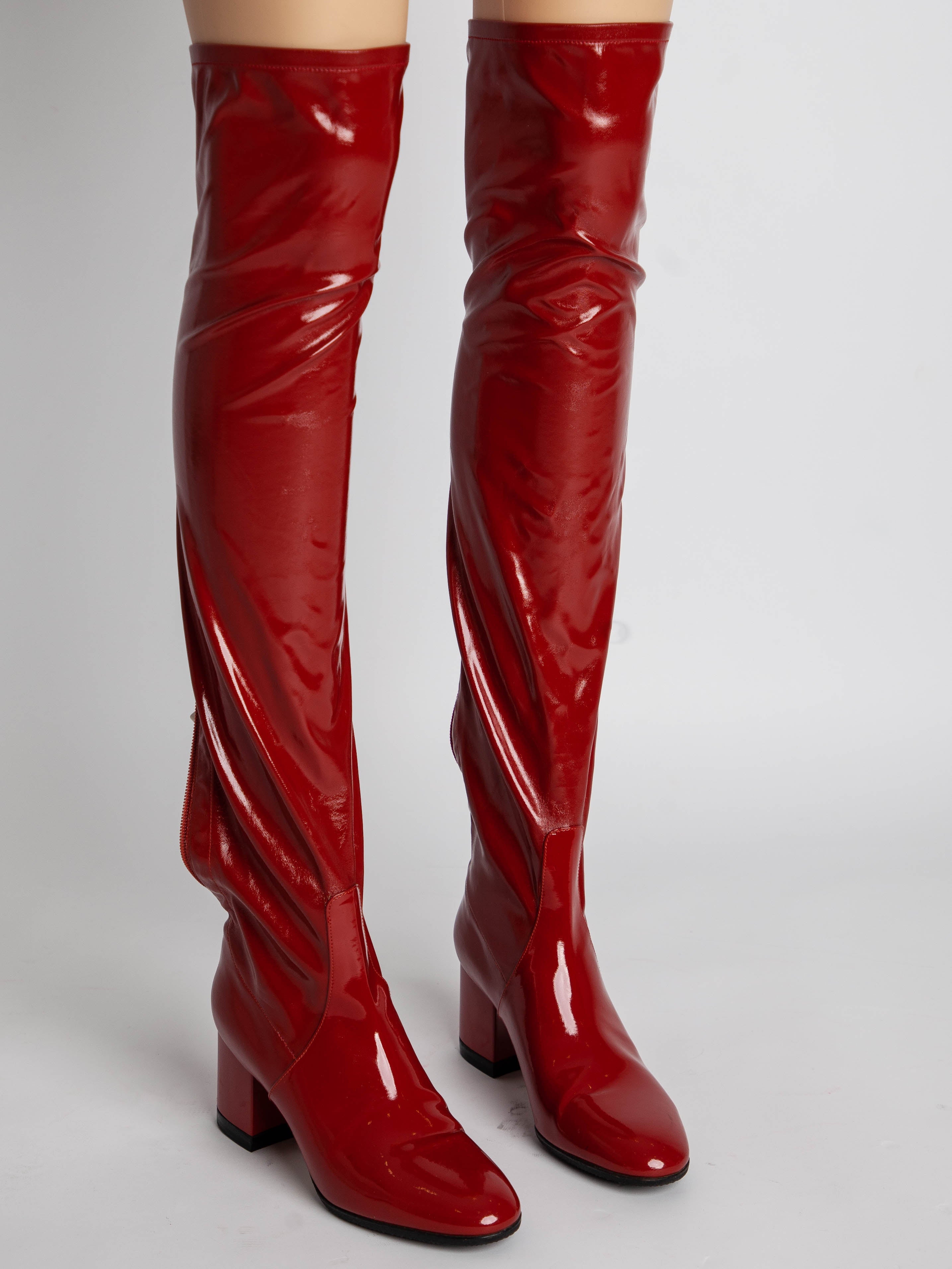 Good Valentino Red Leather Thigh-High Boots Size 36.5 with Block Heels