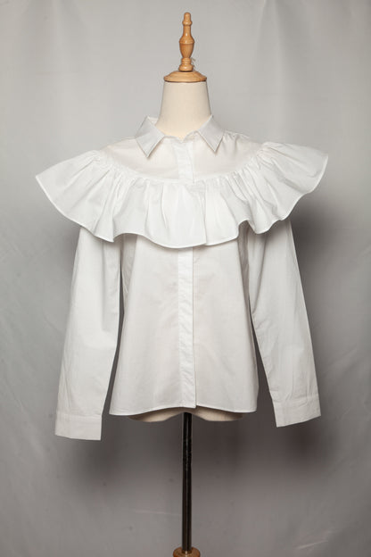 Good English Factory White Long Sleeve Blouse Size S with Ruffled Collar