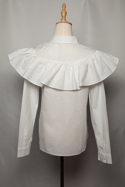Good English Factory White Long Sleeve Blouse Size S with Ruffled Collar