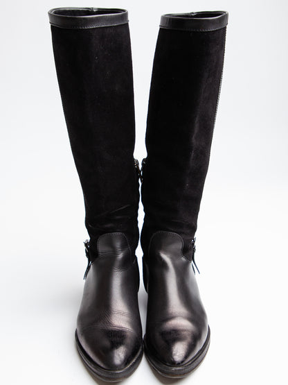 Good Giorgio Armani Black Leather Knee-High Boots with Buckle Detail