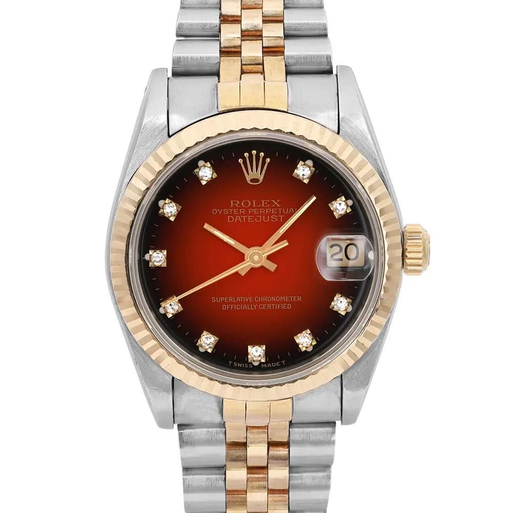 Rolex Datejust 31mm 18K Yellow Gold Steel Red Vignette Dial Ladies Watch 68273