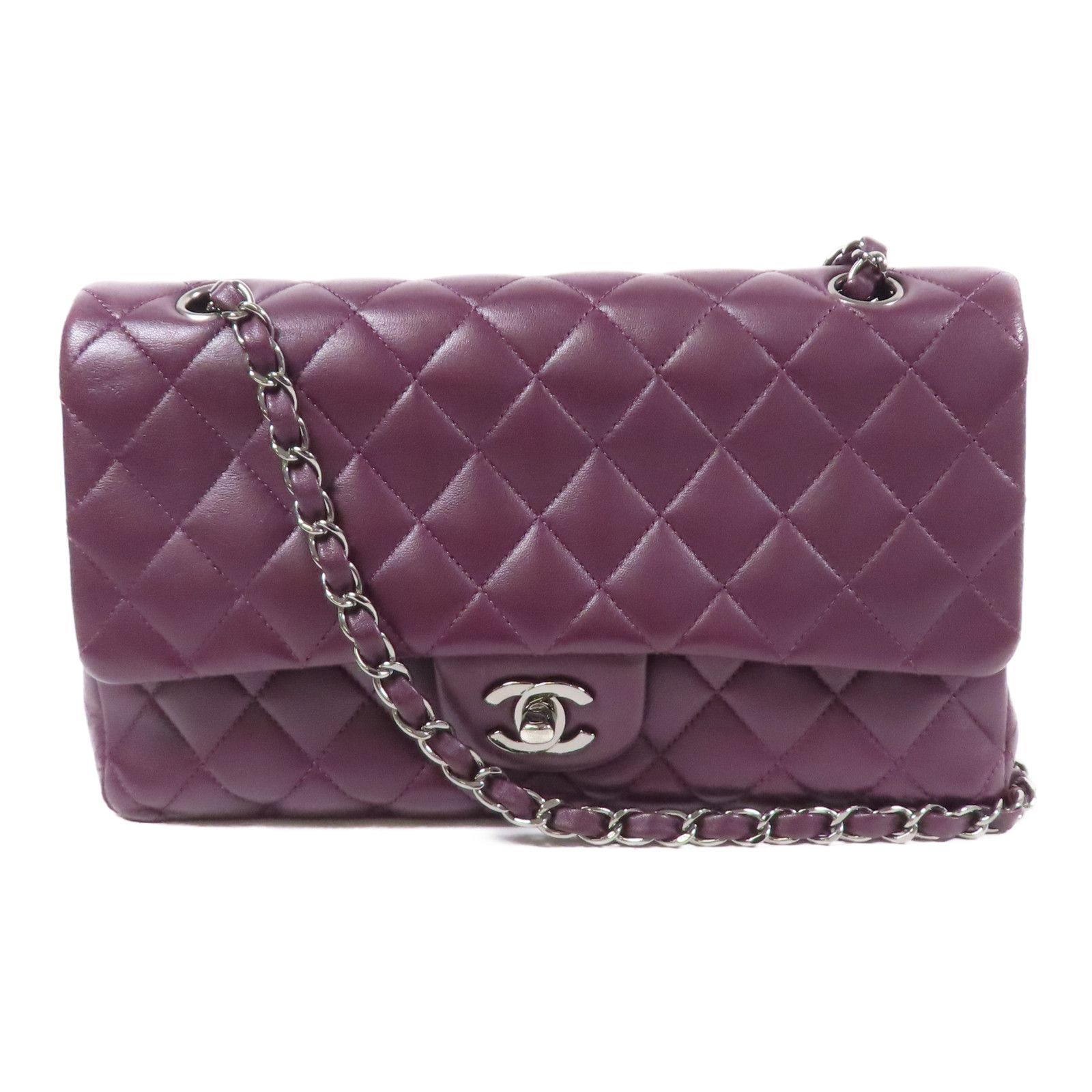 Chanel Purple Sheepskin Leather Classic 25 Silver Shoulder Bag Lambskin (sheep Leather) A 01112