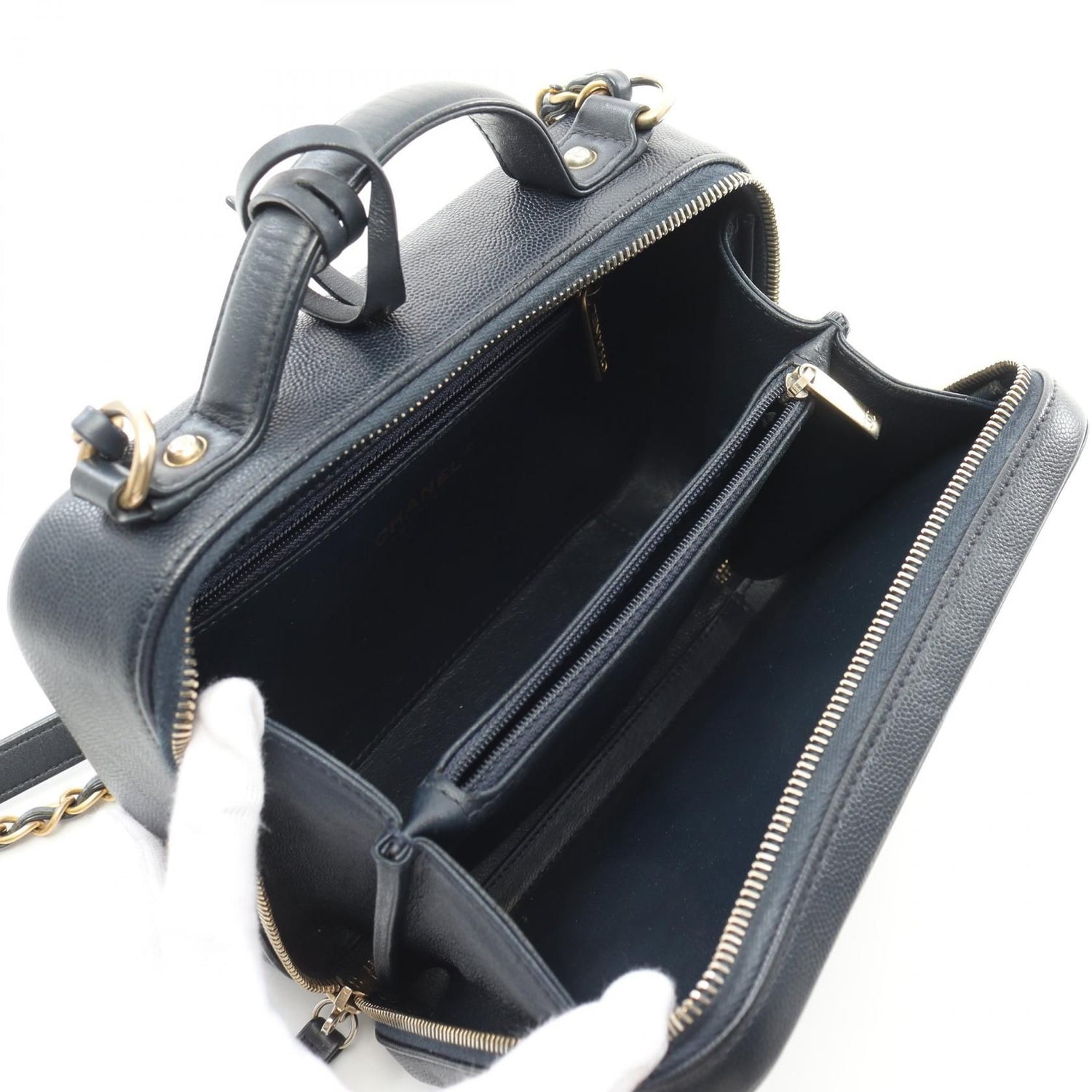 Chanel Navy Cc Filigree Matelasse Shoulder Bag Leather Grained Calfskin