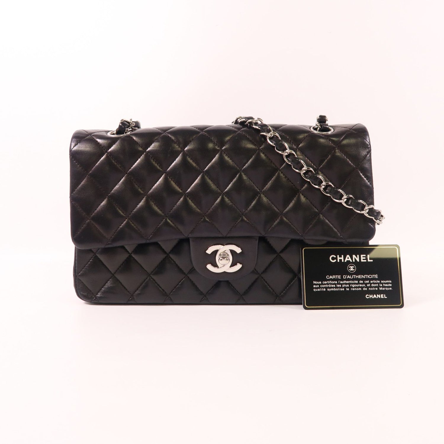 Chanel Black Sheepskin Leather Classic 25 Silver Crosshair Shoulder Bag Lambskin (sheep Leather) A