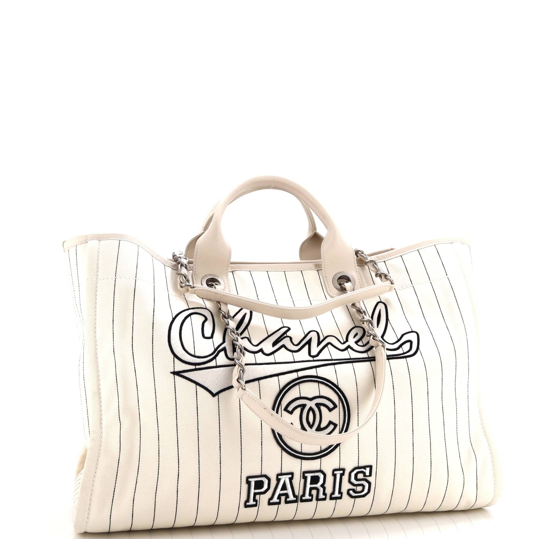 Chanel Deauville Tote Pinstripe Cotton Medium