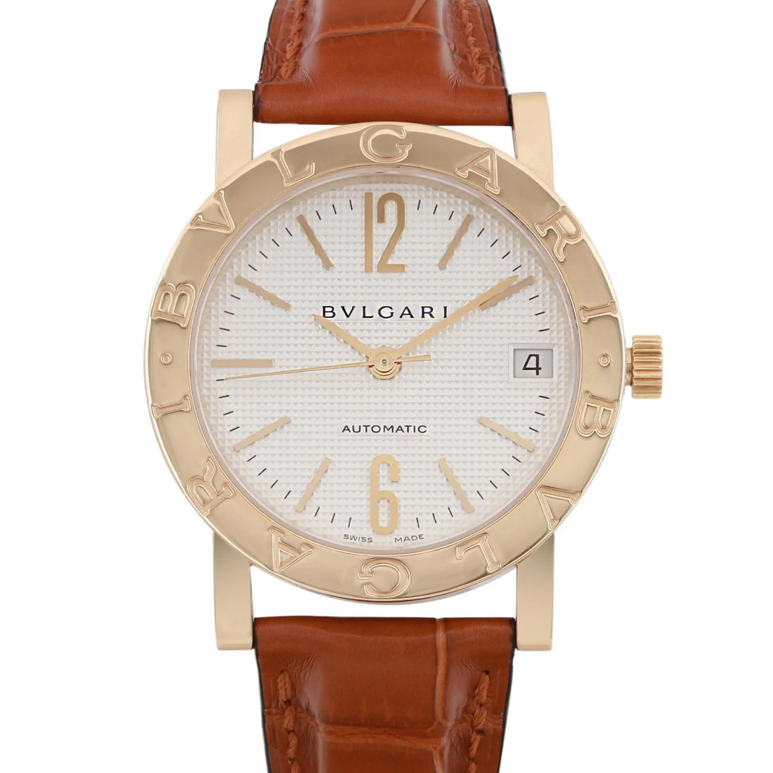 Bvlgari 33mm 18k Yellow Gold White Dial Leather Strap Automatic Watch BB33GL