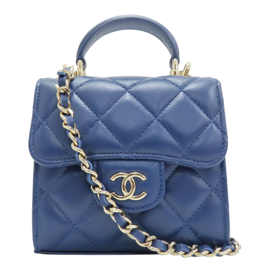 Chanel Top Handle Flap Clutch Chain Shoulder Bag Blue Quilted Lambskin