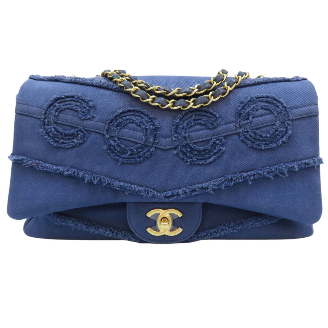 Chanel Coco Shoulder Handbag Blue Chevron Quilted Denim