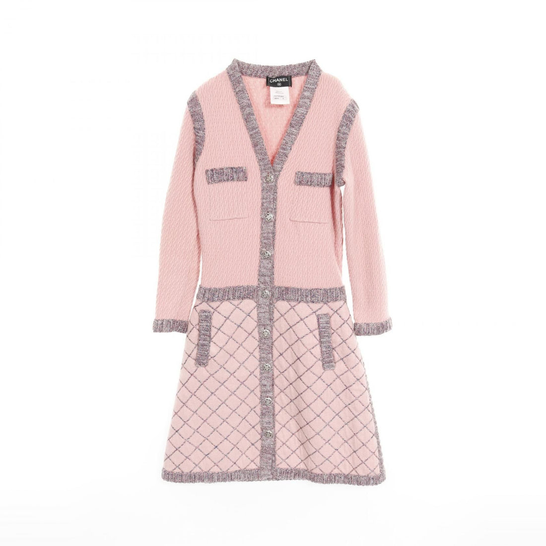 Chanel Pink Blue Gray Camelia Button Dress Silk Cashmere P 52761