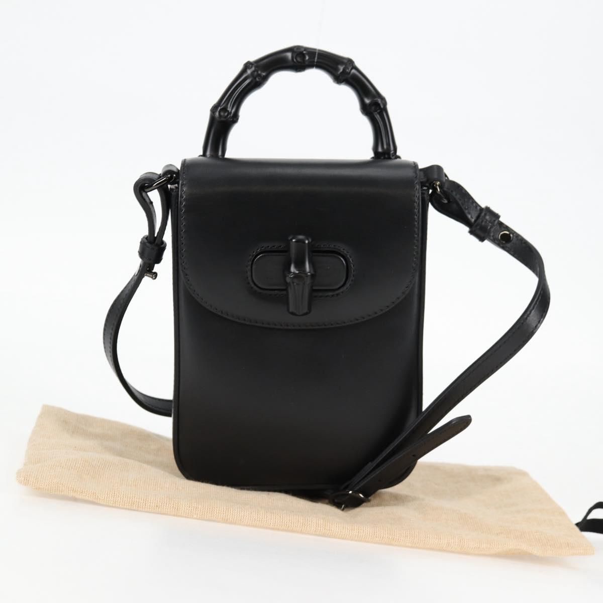 Gucci Calfskin Mini Bamboo Top Handle 3 Way Shoulder Bag Black
