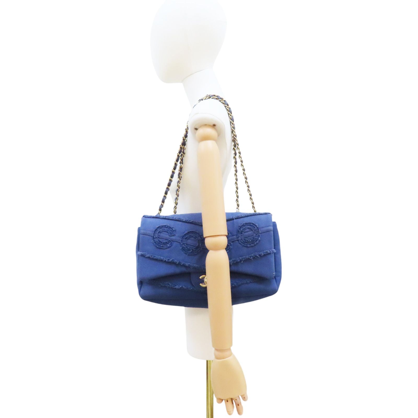 Chanel Coco Shoulder Handbag Blue Chevron Quilted Denim