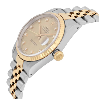 Rolex Datejust 36mm 18K Gold Steel Champagne Diamond Dial Mens Watch 16233