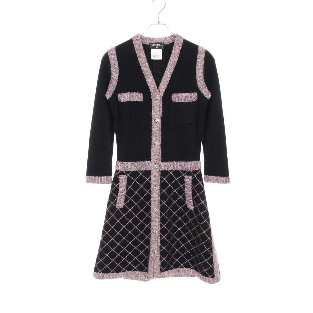 Chanel Black Pink Gray Camelia Button Dress Silk Cashmere P 52761