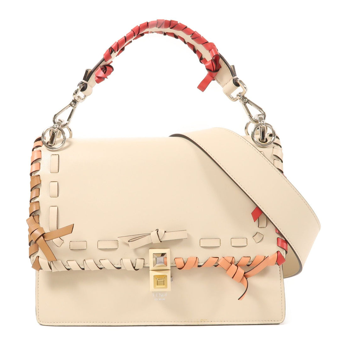 Fendi Cowhide Leather Vitello Bow Kan I Silver Hand-handed Shoulder And Back Bag 2way Shoulder Bag Beige White Calfskin