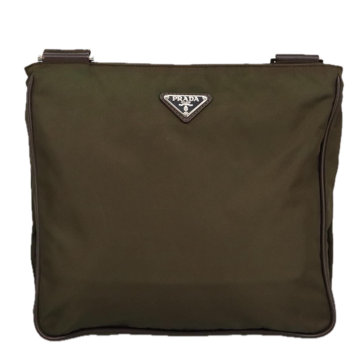 Prada Shoulder Bag Nylon Khaki Brown Silver Auth