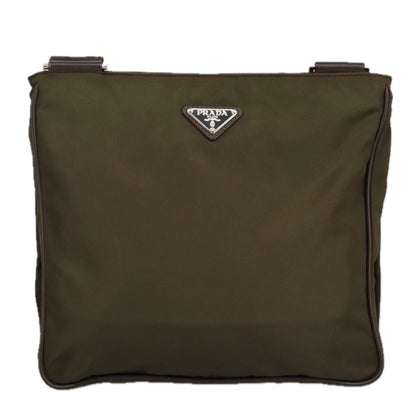Prada Shoulder Bag Nylon Khaki Brown Silver Auth