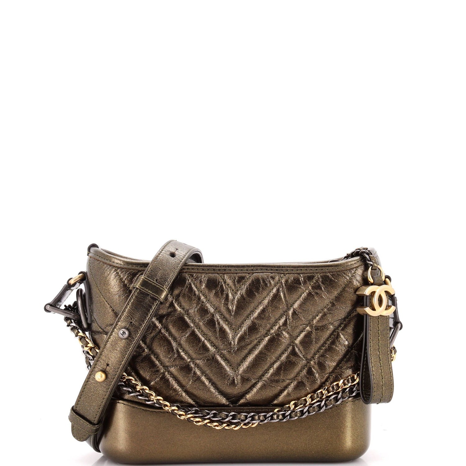 Chanel Gabrielle Hobo Chevron Metallic Aged Calfskin Small