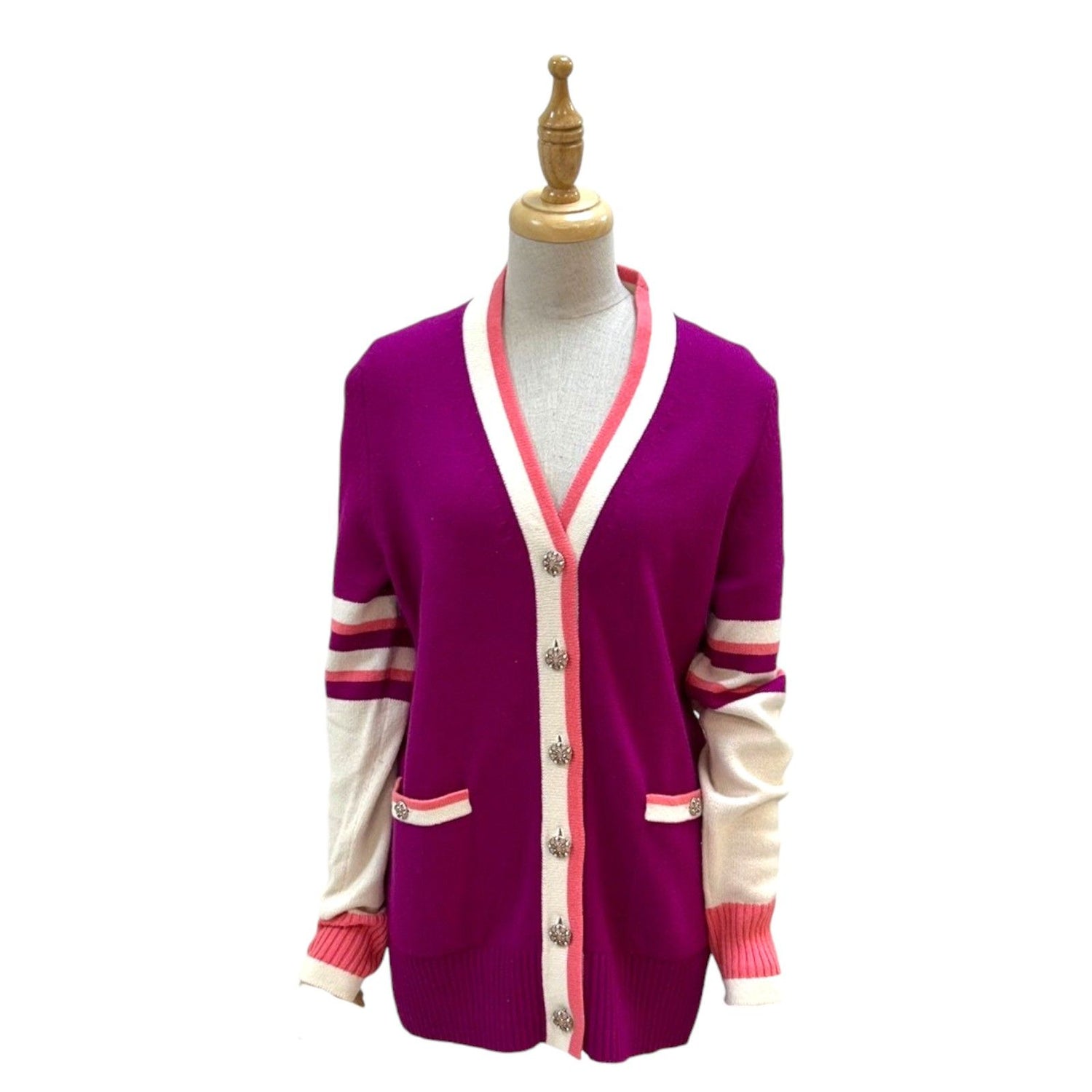 Chanel Cashmere Cardigan Purple White Pink 34