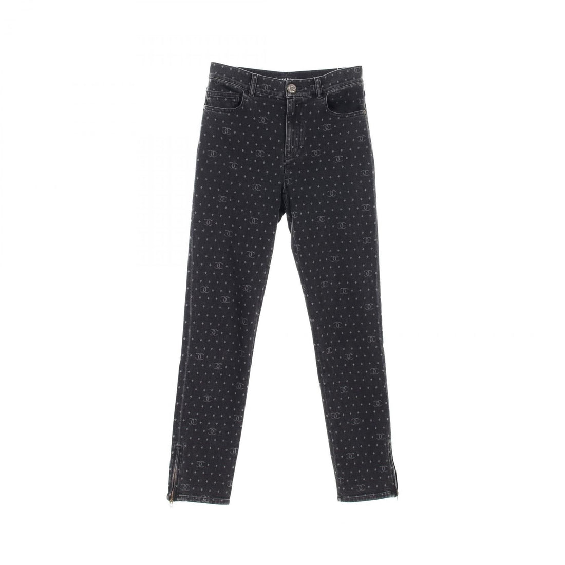 Chanel Black Coco Mark Dot Denim Pants Cotton Polyurethane P 74514v 66052
