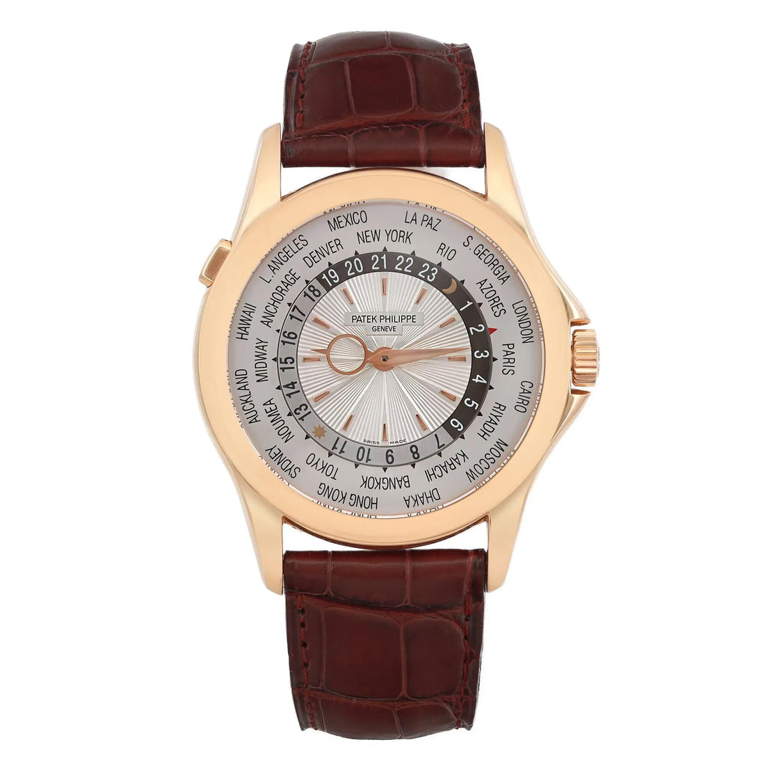 Patek Philippe World Time 18k Rose Gold Silver Dial Men Watch 5130R-001