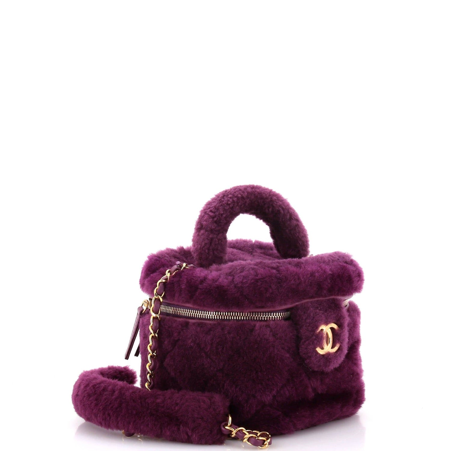 Chanel Coconing Top Handle Vanity Case With Chain Quilted Shearling Small