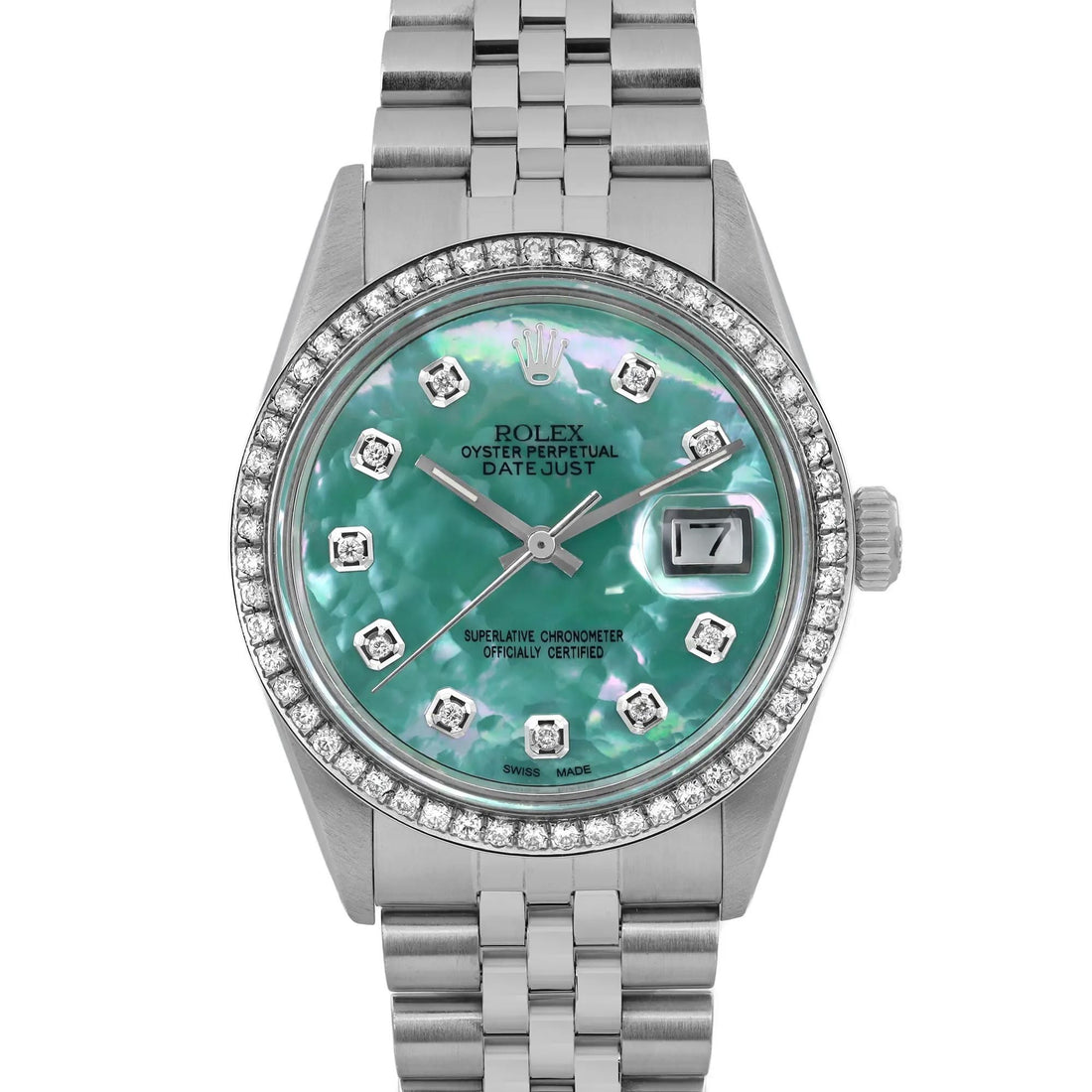 Rolex Datejust 36mm Steel Custom Green Turquoise Diamond Dial Bezel Watch 16030