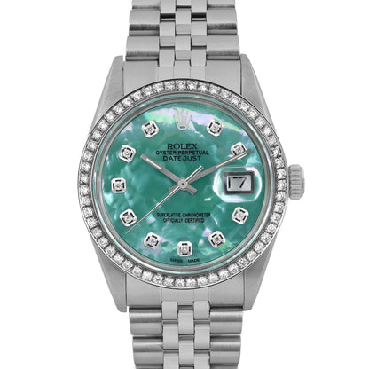 Rolex Datejust 36mm Steel Custom Green Turquoise Diamond Dial Bezel Watch 16030