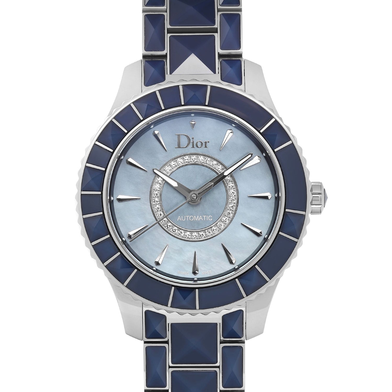 Christian Dior Christal Steel Blue MOP Diamond Dial Automatic Watch CD144517M001