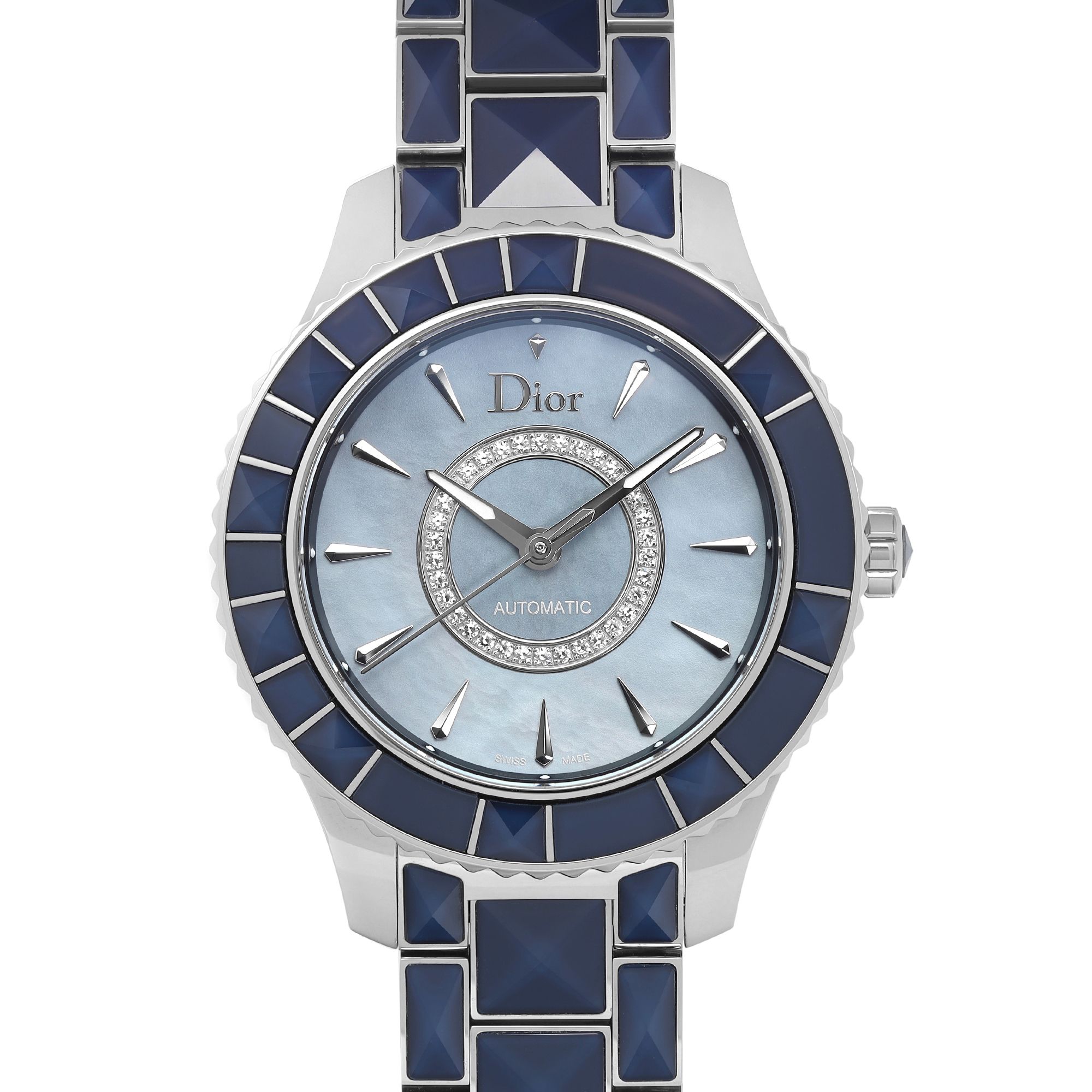 Christian Dior Christal Steel Blue MOP Diamond Dial Automatic Watch CD144517M001